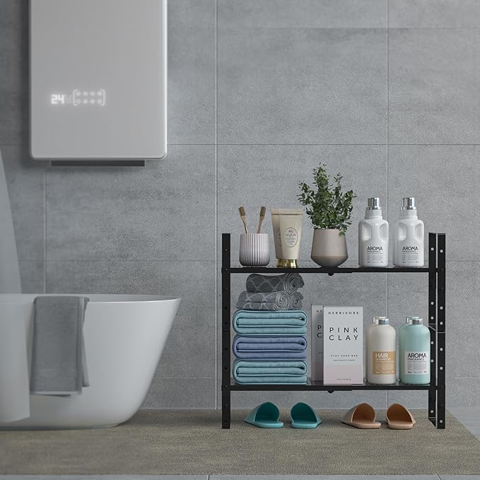 Expandable Spice Rack, Stackable Metal Pantry Storage Shelves Stand, Adjustable Height Cabinet Shelf Organizer Racks(2PACKS/Black,Medium)