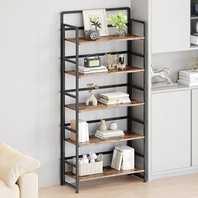No Assembly Folding Bookshelf, 5 Tiers Collapsible Book Shelf for Home Office, Vintage Wood Foldable Bookcase Storage Organizer for Living Room Bedroom (Rustic Brown)