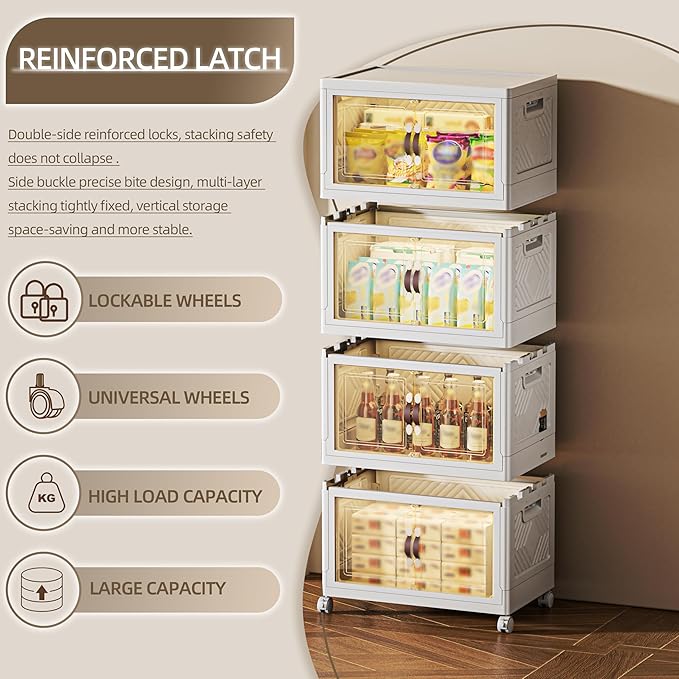 340 QT / 85 Gal Magnetic Door Storage Bins Collapsible Stackable w/1 Lid, Heavy Duty Plastic Cabinet with Wheels for Home Office Organization (White)