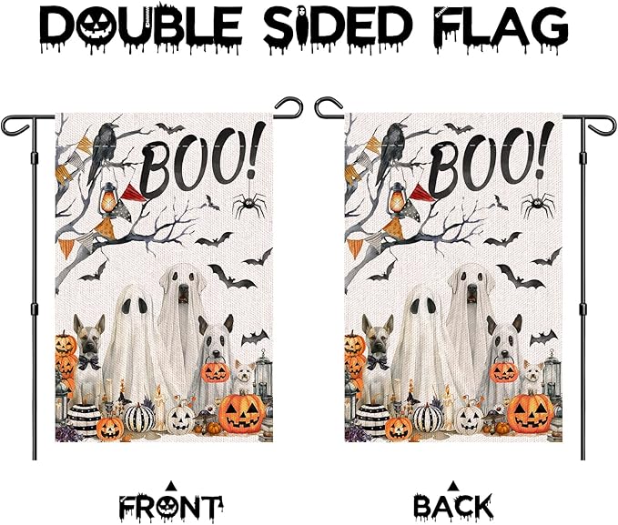 Halloween Boo Garden Flag 12x18 Inche Double Sided, Scary Spooky Dog Ghost Bat Pumpkins Autumn Burlap Garden Flags for Halloween Themed Party Farmhouse Holiday Seasonal Decor