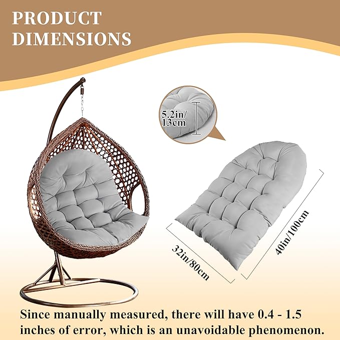Thicken Egg Chair Cushion Replacement, Outdoor Hammock Swing Chair Cushions, Hanging Wicker Basket Seat Pad with High Elasticity PP Cotton, for Garden Patio Porch Furniture (Only Cushion)