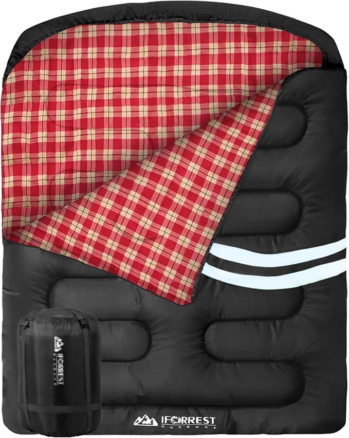 IFORREST Cotton Flannel Double Sleeping Bag for Adults - 2-Person 10°F Cold Weather Camping Bed - Extra-Wide & Warm Queen-Size XXL
