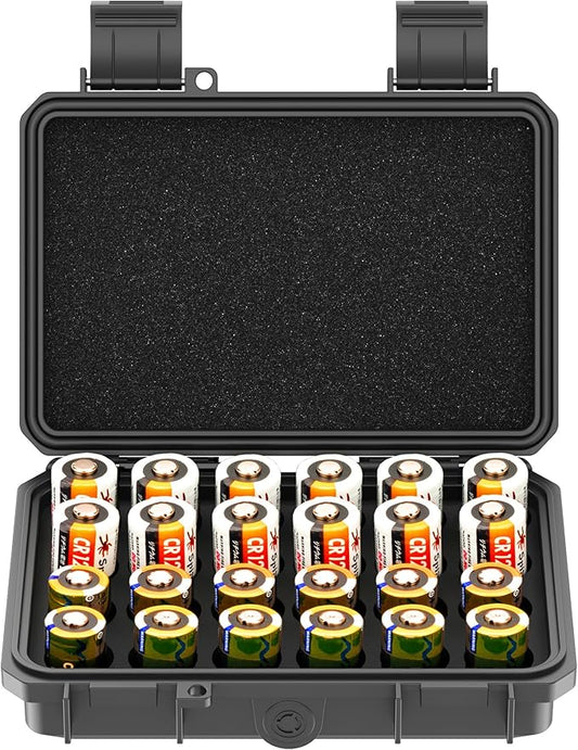 24 Slots CR2 CR123 CR123A Lithium Battery Organizer Case, IP67 Waterproof Hard Case for CR17345/CR16340/CR18350/CR15270(CR2) Explosionproof Batteries Storage Holder for Household Outdoor Camping