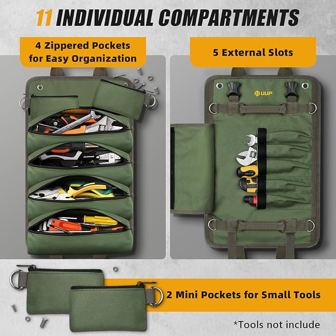 Tool Bag Roll Up, UUP Heavy Duty Portable Soft Tool Storage Organization, Foldable Empty Rollup Organizer with 2 Small Pouches, Rollable Carrying Toolbag, Dad Men Mechanic Welding Birthday Gift, Green