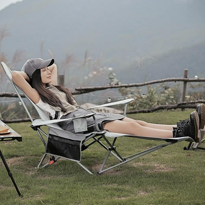 2-in-1 Reclining Camping Chair, Portable Folding Beach Lounge Chair with Footrest & Adjustable Backrest, Comfortable Lawn Chair for Adults Heavy Duty with Cup Holder for Outdoor Poolside Sports