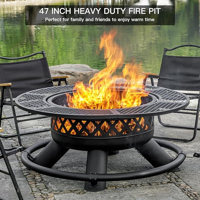 47 Inch Outdoor Wood Burning Fire Pit with 2 Grills,Extra Large 3-in-1 Fire Pit with Metal Lid & Fire Poker, Heavy Duty BBQ Firepits for Outside, Backyard, Bonfire, Patio & Party (47'' Black)