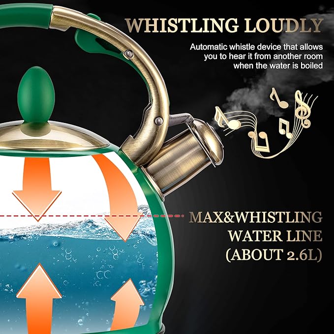 SUSTEAS Stove Top Whistling Tea Kettle - Food Grade Stainless Steel Teakettle Teapot with Cool Touch Ergonomic Handle, With 1 Silicone Pinch Mitt Included, 2.64 Quart (Green)