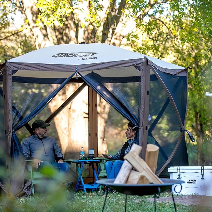 CLAM Pop Up Screen Tent, Outdoor Camping Gazebo Canopy, Venture, 9' x 9', Brown