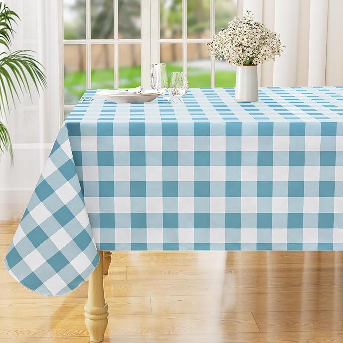 misaya Square Waterproof Vinyl Table Cloth, Buffalo Flannel Backed Tablecloth, Wipeable Plastic Table Cover for Dinner, Kitchen, Outdoor (60" x 60", Aquamarine and White)