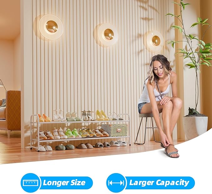 2 Tier Shoe Rack for Closet, 44 Inch Extra Long Shoe Storage Organizer for Shelves, Heavy Duty Metal, Easy Assembly, White
