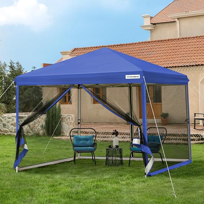 VIVOHOME 10x10ft Easy Pop-Up Canopy, Outdoor Screen Tent with Mosquito Netting, 2 Zipper Doors, and Roller Bag for Yard Camping Picnic Party Events, Blue