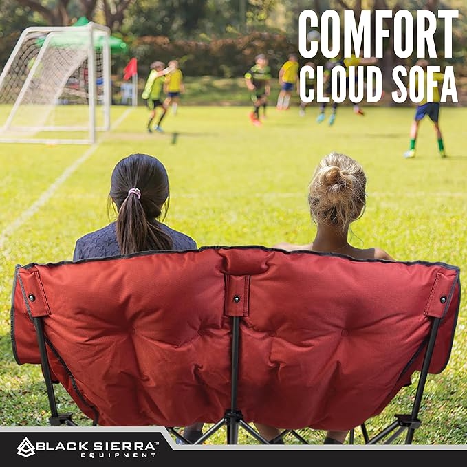 Black Sierra Double Camping Chair for Adults, Oversized Folding Loveseat Supports 600 lbs, Plush Padded Outdoor Couch with Cup Holders and Carry Bag for Beach, Patio, RV, or Tailgating Events