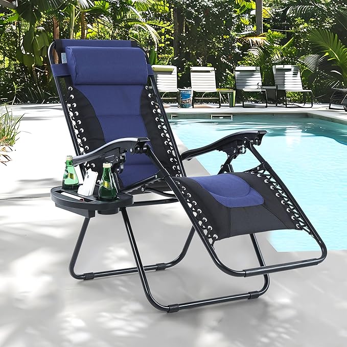 MFSTUDIO Padded Zero Gravity Recliner Chair Set of 2, Folding Patio Lounge Chairs with Adjustable Pillows & Cup Holder for Poolside Backyard, Support 350lbs(Blue)