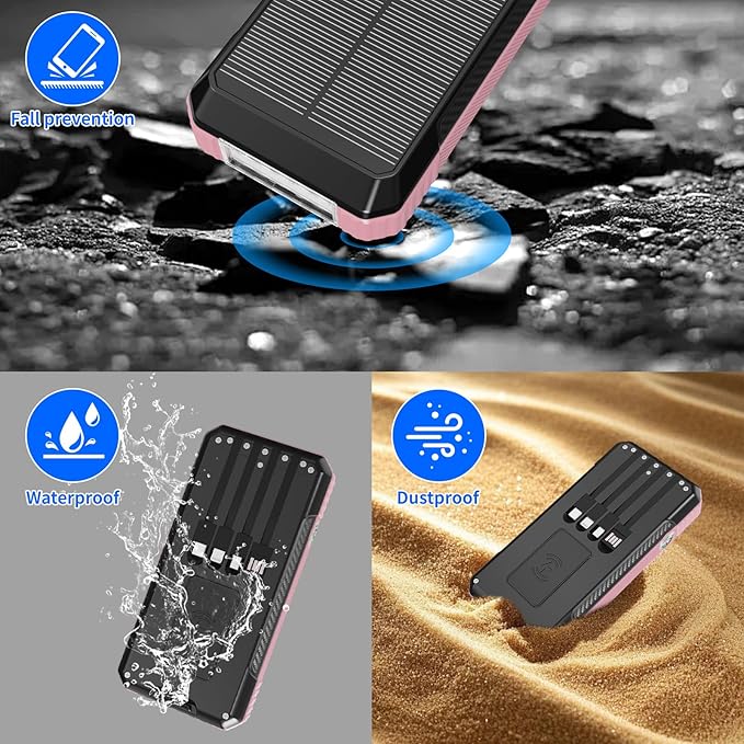 Solar Charger Power Bank 49800mAh, Portable Phone Charging Built-in 4 Cables 22.5W Fast Charging for Cell Phones, Type-C input/Output Port Solar Panel Charger with Dual Flashlights&Compass for Camping