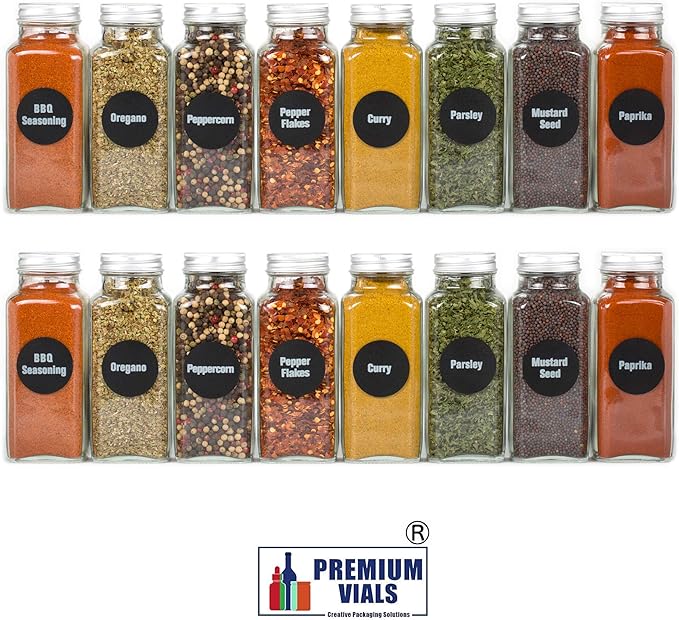 8 Extra Large, 8oz, BEST VALUE, Glass Spice Jars with 113 PVC Clear, plus 126 pre-printed Spice Chalkboard Labels. 8 Square Empty Jars, Airtight Cap, Pour/Sift Shakers