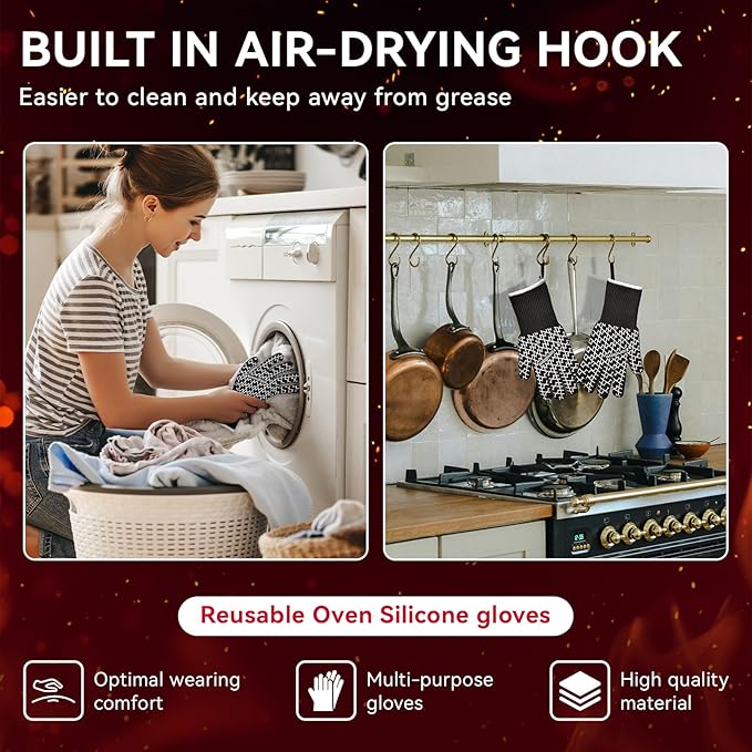 HandLove BBQ Gloves, Oven Gloves with Fingers – Heat Resistant Gloves for Grilling | Silicone Grip, Long Cuff Mitts - Kitchen & Outdoor Barbecue, Cooking, Baking, Black,S