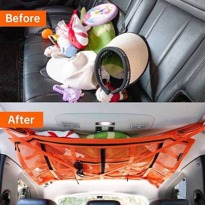 Kaskawise SUV Car Ceiling Cargo Net with Adhesive Straps,Double-Layer Mesh Car Roof Net Storage for Truck, Van,Travel Long Road Trip Camping Interior Accessories 39.3 X 23.6 Inch,Orange