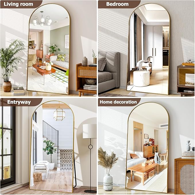 77" x 38" Arched Full Length Mirror with Gold Aluminum Frame - Oversized Floor Mirror for Bedroom, Living Room & Gym - Wall Mounted/Standing/Leaning Design