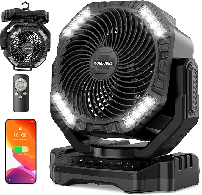 MORECORE 40000mAh Battery Operated Camping Fan with Light, 120HRS Running, Powerful 4 Speeds & Auto Oscillating, with Timer & Hook, for Travel Tent RV Emergency Hurricane Jobsite Garage-Black