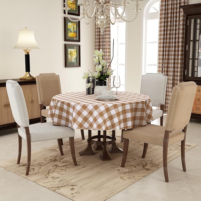 misaya Round Waterproof Vinyl Table Cloth, Buffalo Flannel Backed Tablecloth, Wipeable Plastic Table Cover for Dinner, Kitchen, Picnic (60", Brown and White)