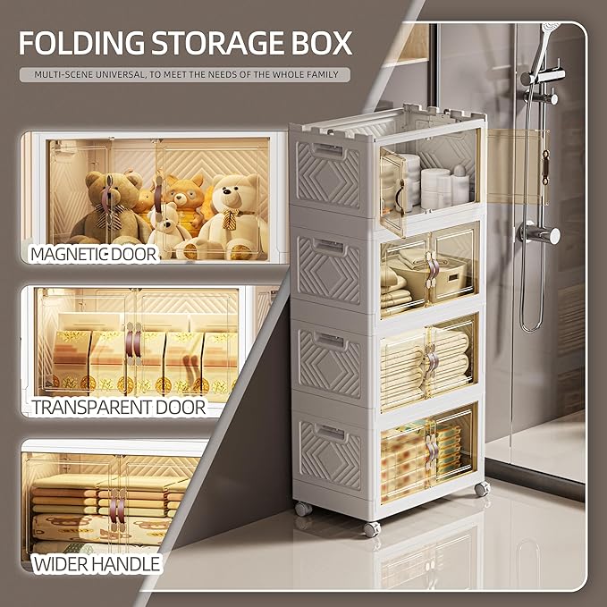 268 QT / 67 Gal White Storage Bins with 1 Lid - Collapsible Stackable Cabinet Organizer w/Wheels & Magnetic Doors, Plastic Storage Box for Office Closet Organization