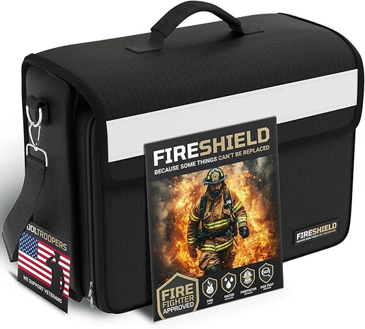 FIRESHIELD PRO Fireproof Document Bag – Portable Briefcase with Shoulder Strap, Tablet, Laptop & Card Organizer – Water Resistant, Multi-Pocket Storage for Travel, Home or Office – 17" x 12.5" x 7.2"