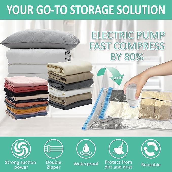 Cozy Essential 20 Pack Vacuum Storage Bags with Electric Pump, Vacuum Seal Space Saver Bags for Clothing, Pillows, Blanket, Bedding, Comforters