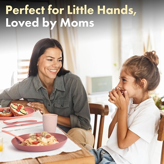 FOODLE Wheat Straw Dinnerware Set - BPA Free & Safety Tested - Unbreakable, Microwave & Dishwasher Safe Dishes - Toddler & Kids Plates and Bowls Sets - College Dorm Room Essentials for Girls - For 4