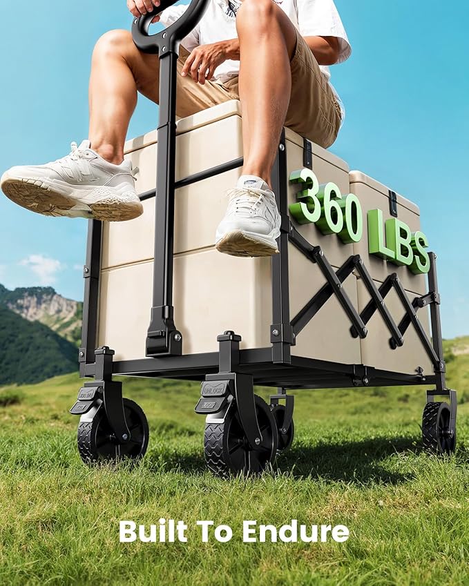 Small Wagon Cart Foldable, Collapsible Wagon with 360 LBS Max Load & Expandable Storage, 90L Foldable Grocery Cart with 2 Cup Holders for Outdoor, Garden, Camping &Groceries-Grey