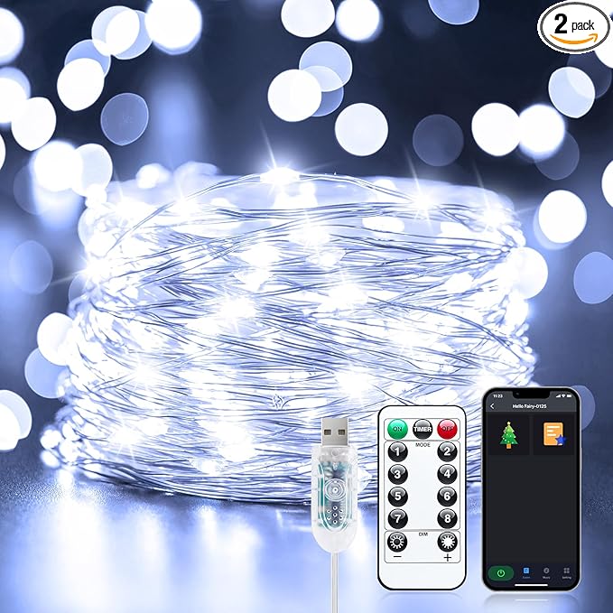USB Fairy Lights Plug-in, 2 Pack Smart 33FT 100LEDs Bluetooth Twinkle Lights with Timer and Remote, App Control Starry String Lights 8 Modes for Wedding Party Indoor Christmas Decoration, Pure White