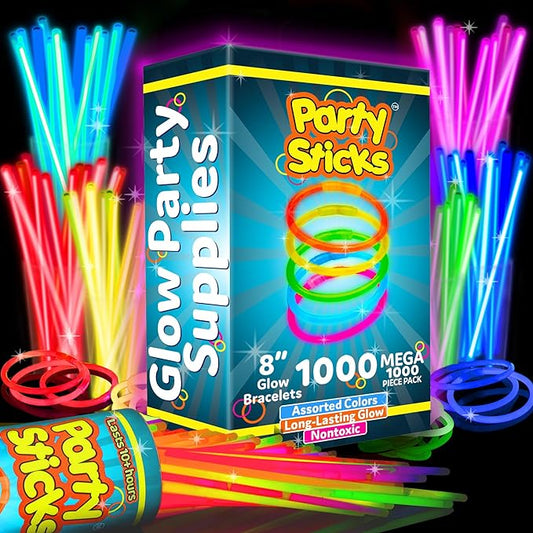 PartySticks Glow Sticks Party Supplies 1000 pack - 8 Inch Glow in The Dark Light Up Sticks Party Favors, Glow Decorations, Neon Party Glow Necklaces and Bracelets with Connectors