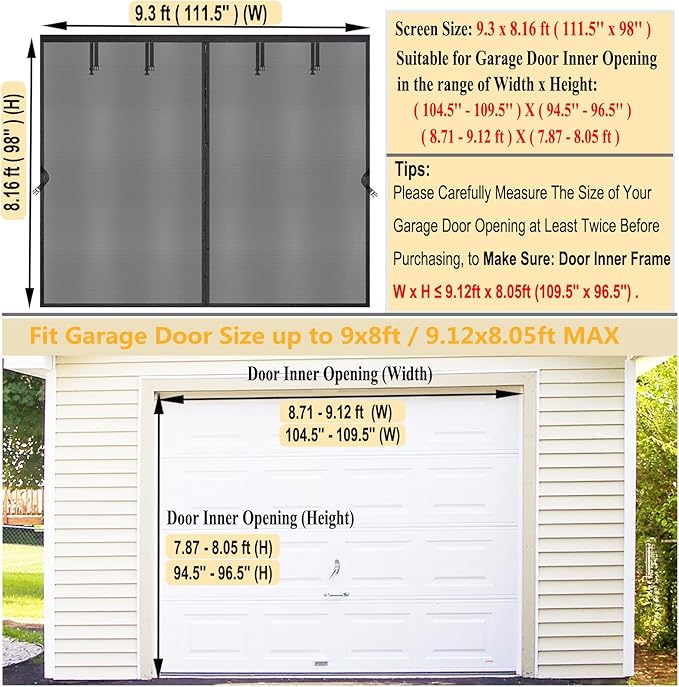 Magnetic Garage Door Screen Kit 9x8 FT - Retractable Mesh Net Screen Door with Fiberglass Mesh for 1 Car Garage 9x8ft, Blocks Bugs & Provides Privacy - Perfect for Workshop, Gym, or Patio