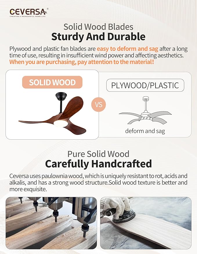 42 Inch Ceiling Fans with Lights and Remote, 3 Blades Outdoor Wood Propeller Ceiling Fans, Quiet Noiseless DC Motor for Farmhouse, Living Room, Bedroom, Indoor, Walnut