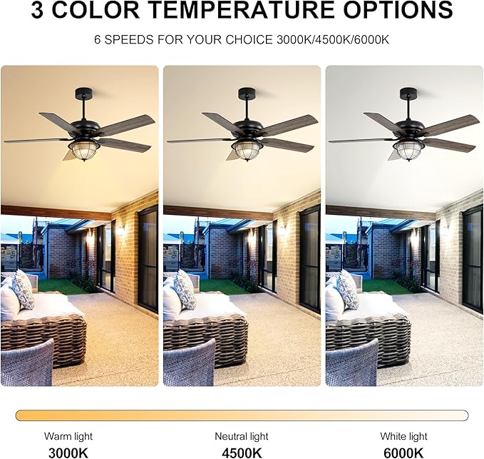 52 Inch Modern Ceiling Fan with Lights Remote,6 Speed Reversible DC Motor Waterproof and Moisture-Proof Ceiling Fan with Patio Bedroom Living Room