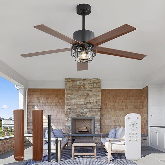 52-Inch Outdoor Fan Light,with Light and Remote Control,6-Speed Reversible DC Motor,Adjustable Height, Suitable for Pavilions and Porches.(Wood Grain)