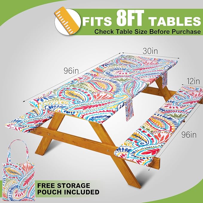 Fitted Picnic Table Cover with Bench Covers Waterproof Elastic Edges Rectangle Patio Tablecloth Outdoor Camping Essentials Stuff Rv Accessories Summer Trip Travel Supplies Party Camper Gifts, 8 ft