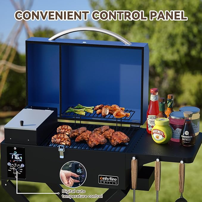 Onlyfire BBQ Wood Pellet Grill Smoker with Foldable Cart, Meat Probe, 2 Tiers Cooking Area, Portable Tabletop Grilling Stove for Outdoor Kitchen Cooking Smoke and Roast, RV Camping, Blue GS342