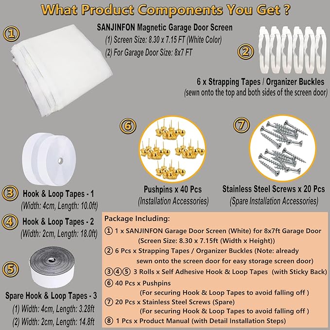 Garage Door Screen for 1 Car Garage 8x7FT White, Magnetic Screen Door 8x7 FT Garage/Patio/Porch/Balcony with Retractable Fiberglass Mesh & Heavy Duty Weighted Bottom, Hands Free, Easy Assembly