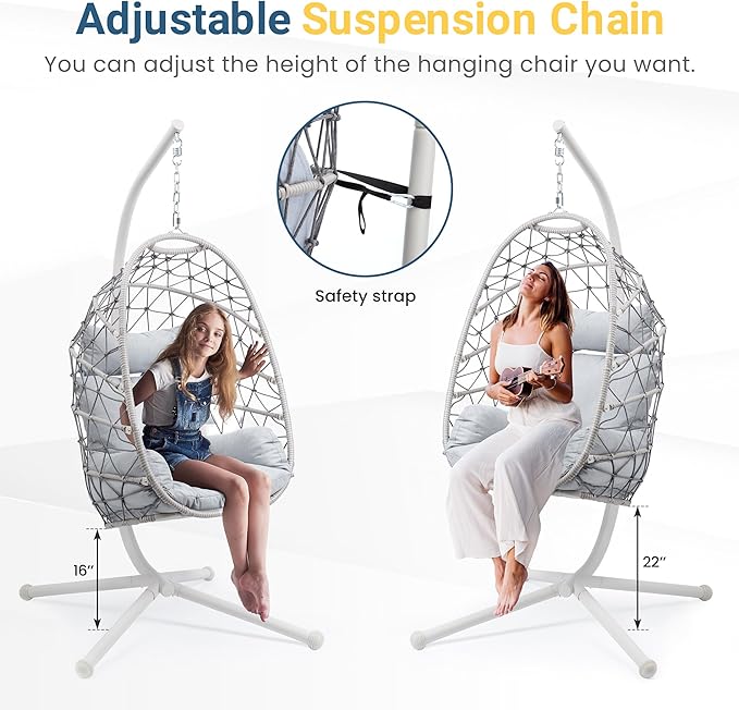 RoyalCraft Hanging Egg Chair Outdoor Swing Chair with Stand, Hammock Chair Indoor, Patio Boho Wicker Hanging Chair with Stand 350lbs Capacity for Garden, Balcony, Bedroom, Beige & Gray