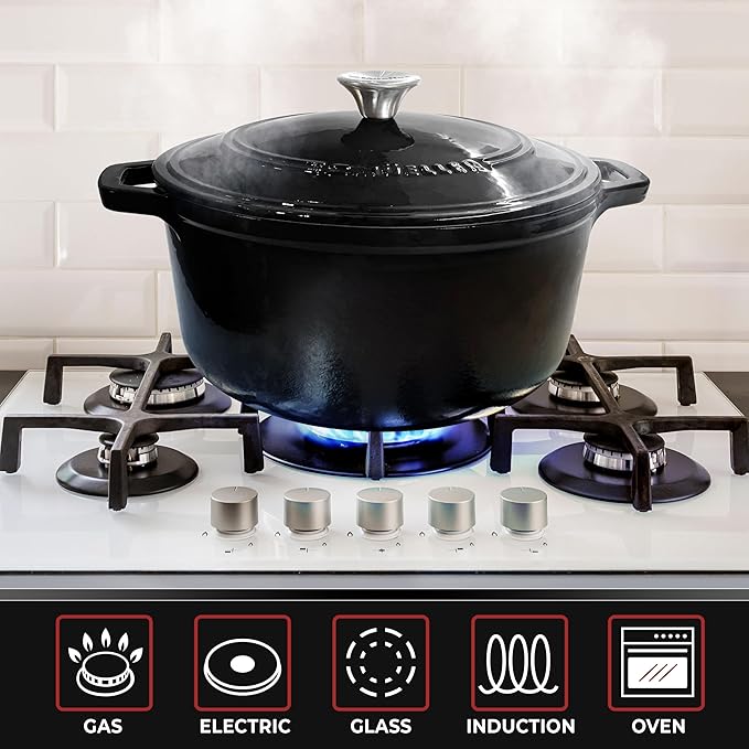 MÜELLERHOME 6 Quart Enameled Cast Iron Pot Dutch Oven, Heavy-Duty Oven-Safe up to 500° F, & Across All Cooktops, Casserole Dishes for Ovens, Bread Pan with Lid and Knob, Cast Iron Cookware, Black