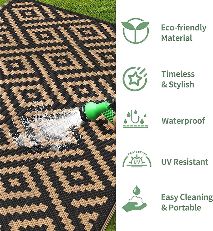 GENIMO Outdoor Rug for Patio Clearance, 10'x14' Waterproof Large Camping Mat, Reversible Plastic Straw Rugs for RV, Camper, Balcony, Backyard, Picnic, Deck (Black & Brown)