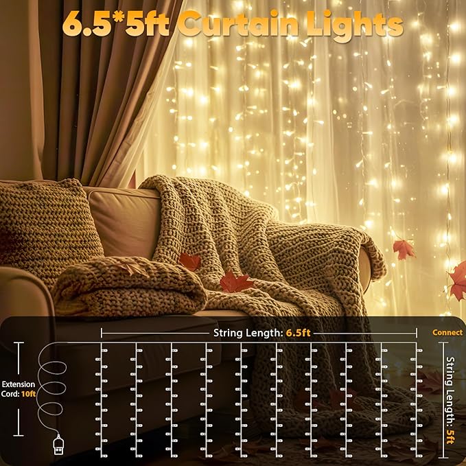 suddus Curtain Lights for Bedroom, 150 Led Hanging String Light Outdoor, Fairy Curtain Lights Indoor for Christmas, Dorm, Wall, Backdrop, Window, Wedding, Party, Birthday Decor, Warm White