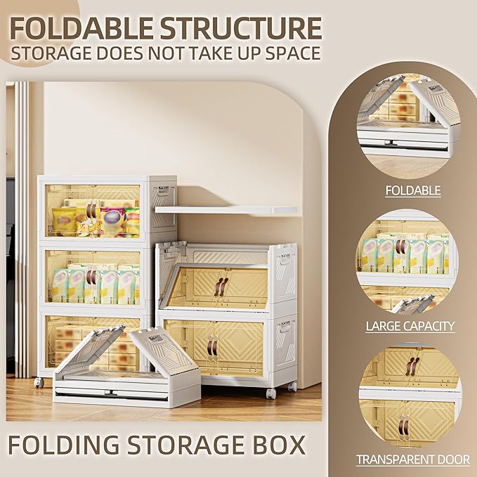 252 QT / 63 Gal Magnetic Door Storage Bins Collapsible Stackable w/1 Lid, Heavy Duty Plastic Cabinet with Wheels for Home Office Organization (White)