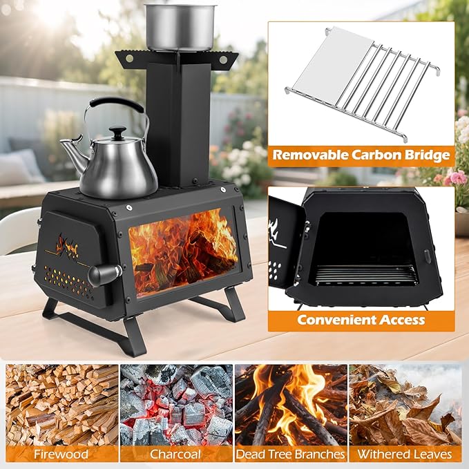 Camping Wood Stove, Portable Wood Burning Stove wtih X-shaped Pot Holder, Glass-Ceramic Window & Carbon Bridge, Tabletop Fire Pit Stove for Outdoor Cooking, Heating, Hunting & Ice Fishing