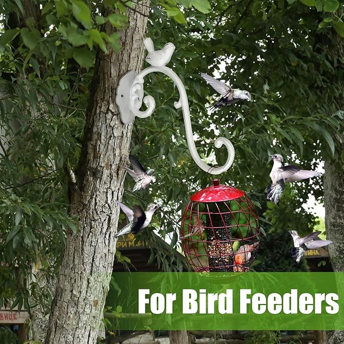 Moxweyeni 2 Pcs Cast Iron Plant Hangers Outdoor 10" Heavy Duty Hanging Basket Brackets Lovely Bird Shape Decorative Wall Hangers for Flower Pots Bird Feeder Wind Chime Lantern(White)