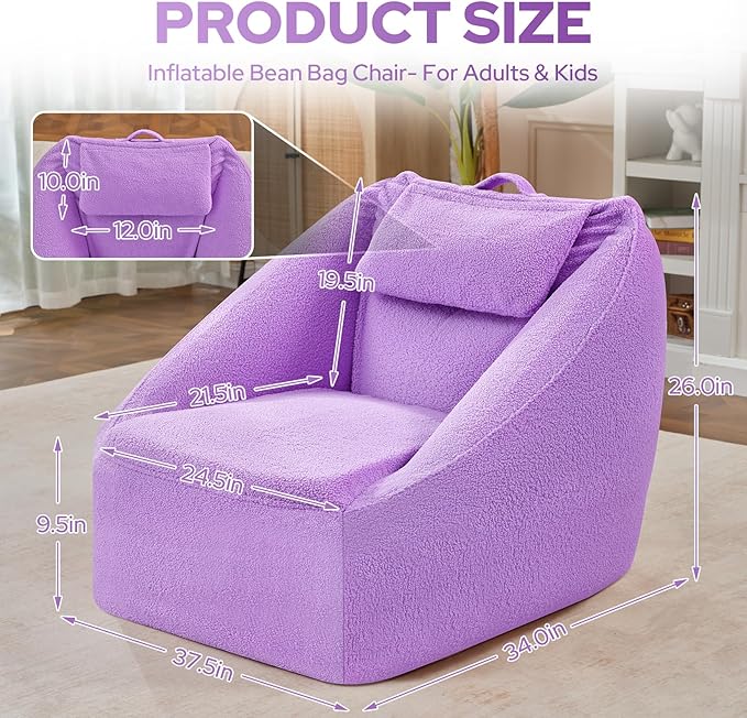 HABUTWAY Inflatable Bean Bag Chairs for Adult Blow up Chair Portable Inflatable Bean Bag Couch w/Electric Air Pump,Handle & Side Pocket for Movie Night Reading Gaming Living Room - Purple