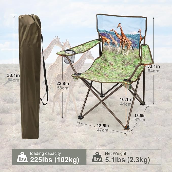 2 Pcs Animal Pattern Camping Chair,Folding Backpacking Lightweight Beach Chair w/Cup Holder,Mesh Side Pocket,Carry Bag,Portable Lawn Chair for Adults Family Outdoor Parties,Hiking,Giraffes