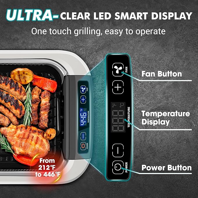 Smokeless Indoor Grill, CUSIMAX Electric Grill, 1500W Korean BBQ Grill with LED Smart Display & Tempered Glass Lid, Non-stick Removable Grill Plate, Turbo Smoke Extractor, White New Model