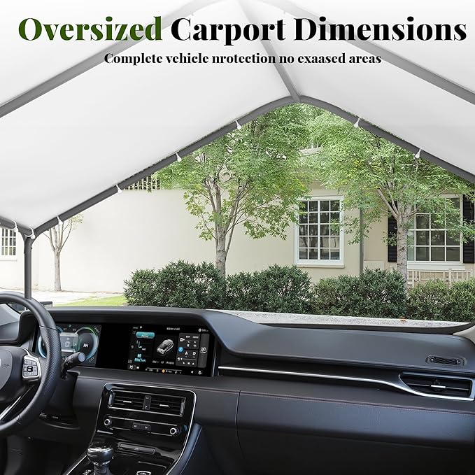 Carport, 10‘ x 20’ Heavy Duty Portable Garage All-Season Car Canopy w/Removable Sidewall & Doors, Carport Canopy Party Tent w/Water-Resistant Tarp for Backyard (White, 10' x 20' /no Side)