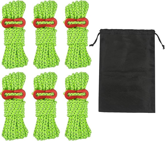 16.4ft 6 Pack 4mm Guy Lines Ultralight Tent Cords with Aluminum Adjuster Tensioner Outdoor Camping Guylines Ropes for Tent Tarp,Climbing,Hiking Backpacking (Green)